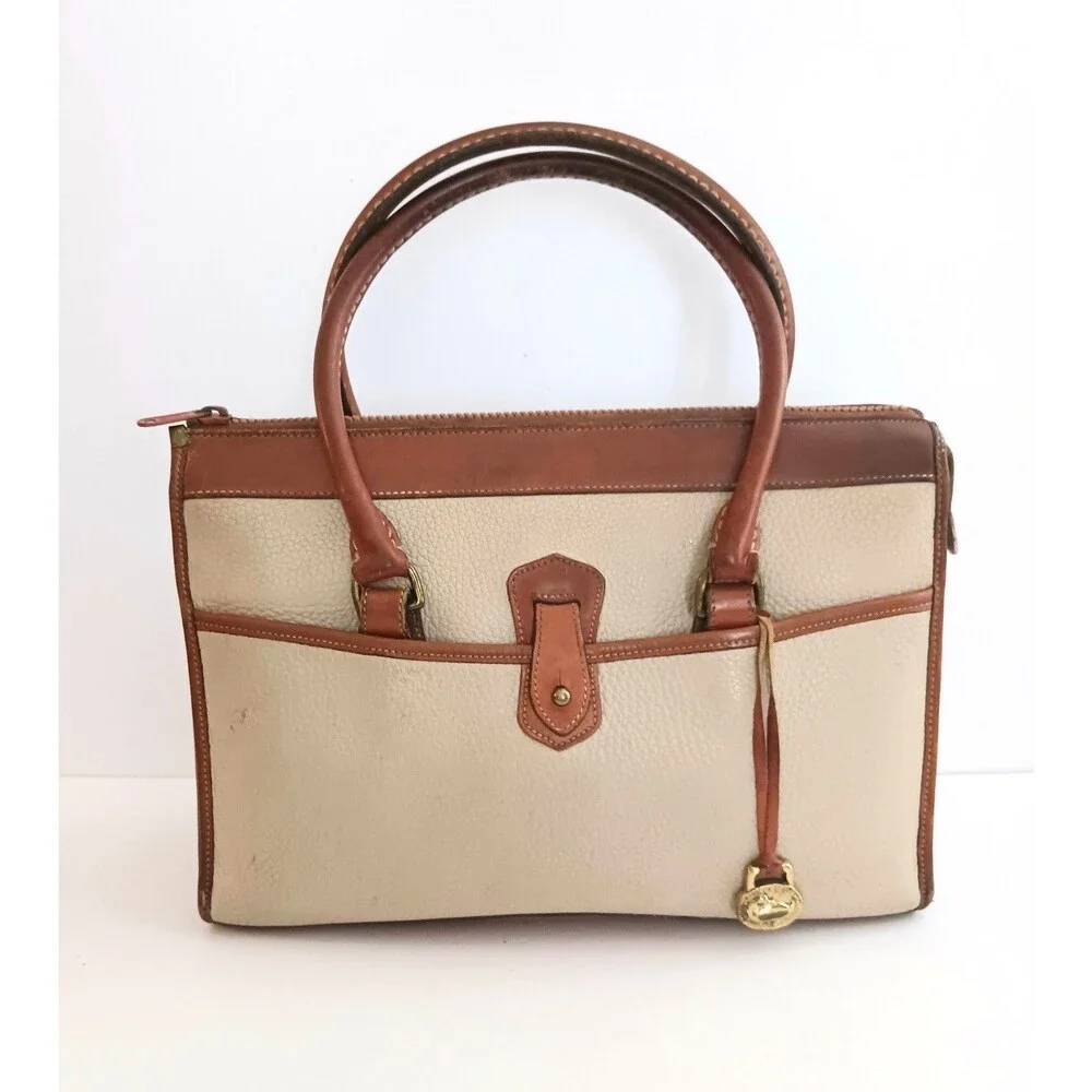 VTG Dooney & Bourke Satchel Tan All Weather Pebbled Leather Brown Leather Trim